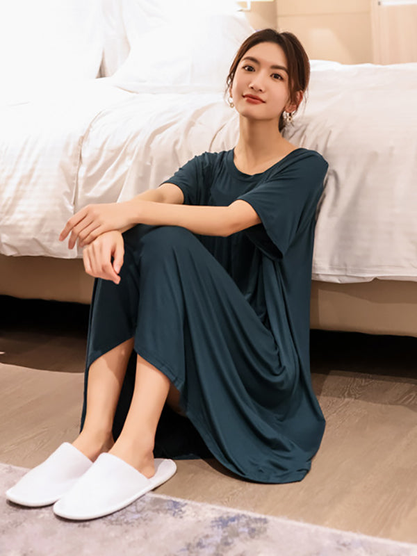 Loose Solid Color Pleated Modal Pajamas Dress by migunica