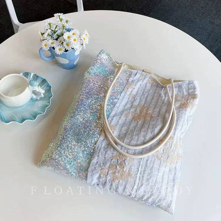 Checkers & Sparkle Bag - front view showing bold yellow and blue checkered sequin design