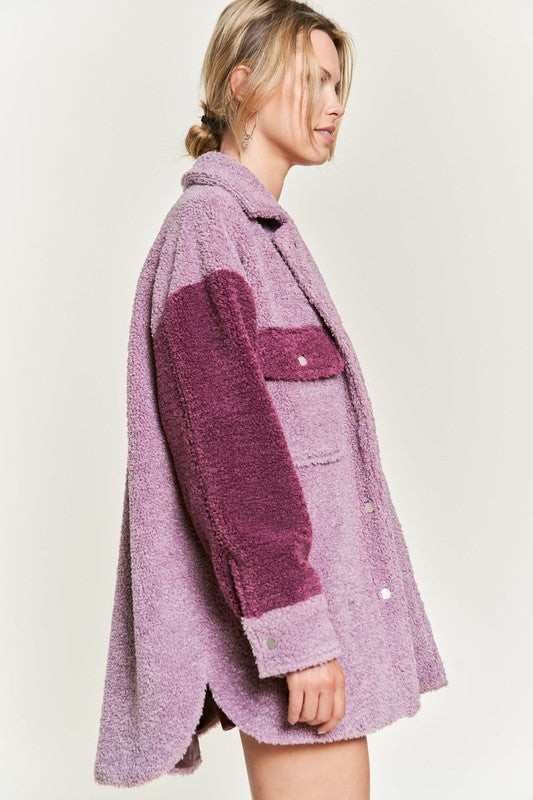 Colorblock Sherpa Jacket - model wearing full length