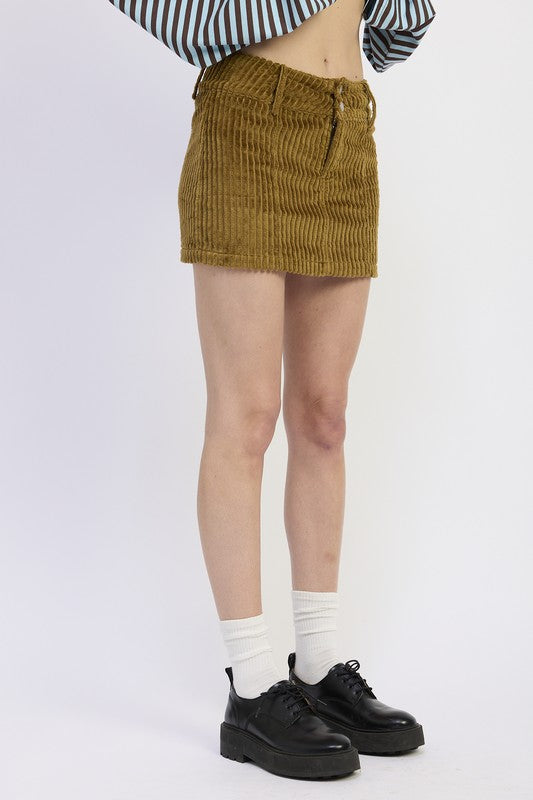 Corduroy Mini Skirt with Button - texture and fabric detail