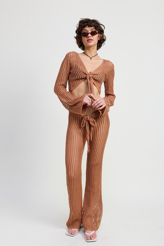 Crochet Cropped Top with Front Tie - model wearing full length