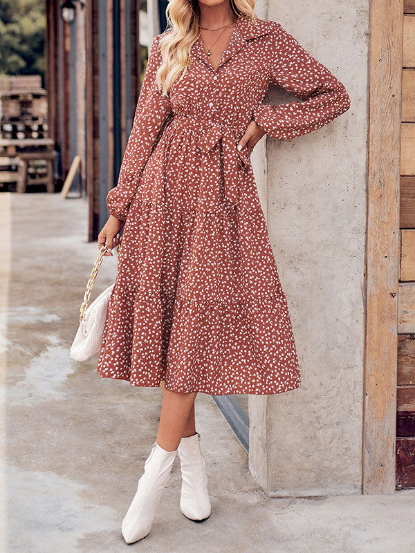 A-Line Long Sleeves Buttoned Flower Print Pleated Split-Joint Tied Waist Lapel Midi Dresses by migunica