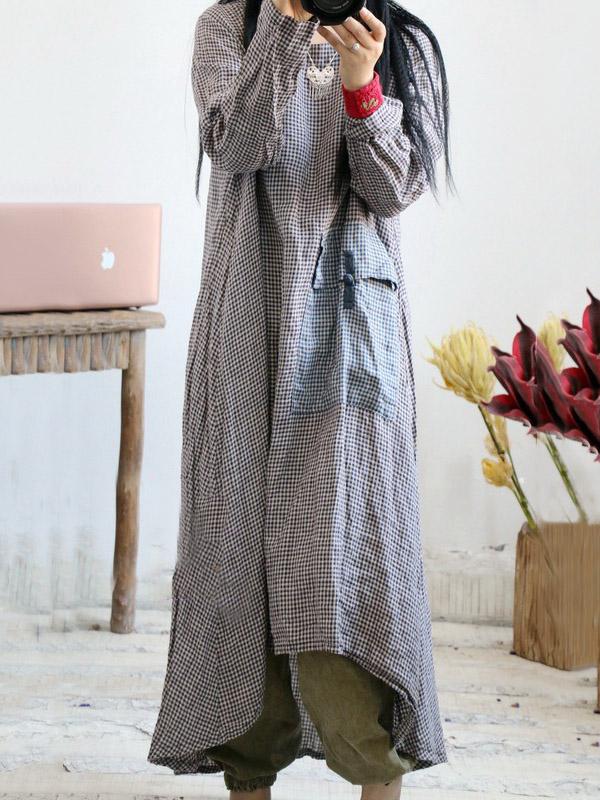 Loose Vintage Linen Plaid Round-neck Long Dress by migunica