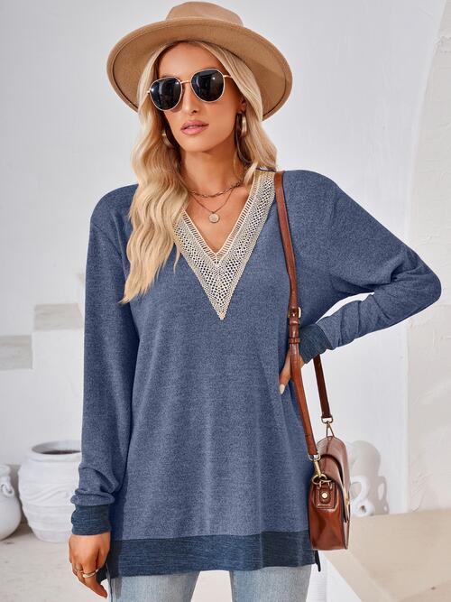 Crochet Contrast V-Neck Long Sleeve Slit T-Shirt by VYSN