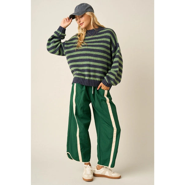 Sporty Striped Nylon Pull On Barrel Leg Pants W_pockets