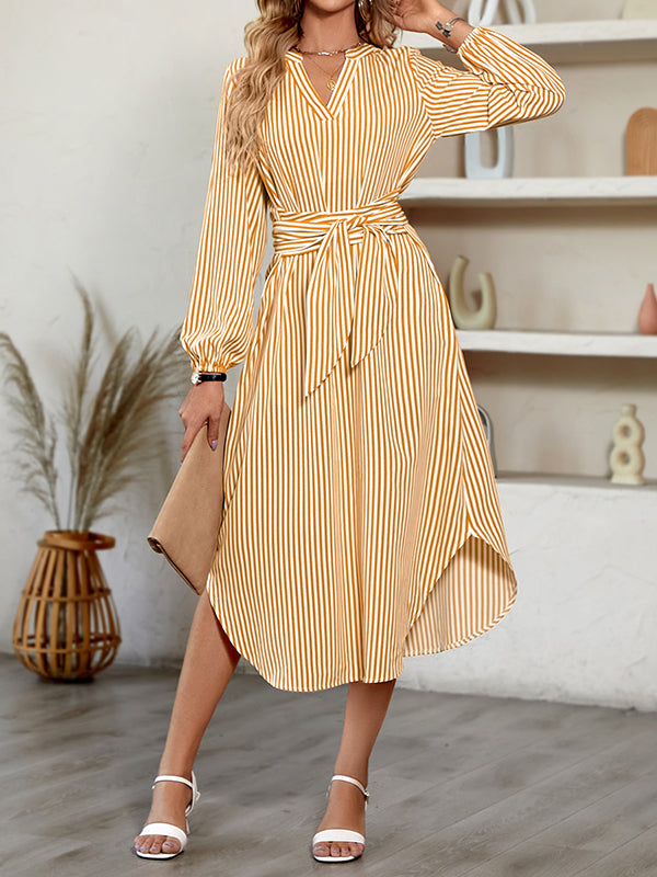 A-Line Long Sleeves Striped Tied Waist V-Neck Midi Dresses Shirt Dress by migunica