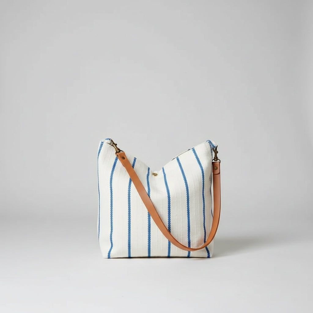 Daydream Stripe Tote - front view showcasing blue and white jacquard stripe pattern