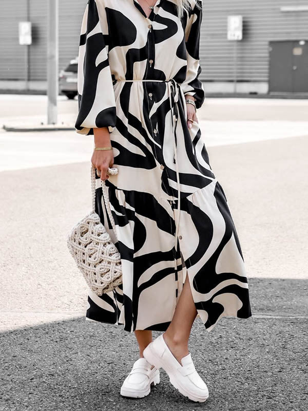 Long Sleeves Loose Contrast Color Pleated Printed Split-Joint Tied Waist Lapel Shirt Dress by migunica