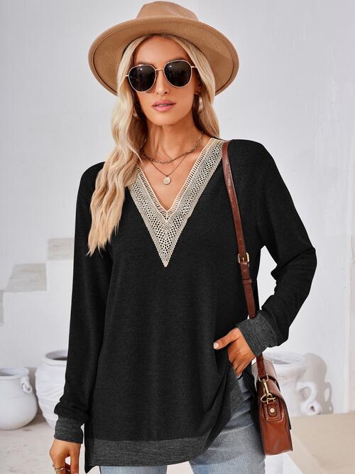 Crochet Contrast V-Neck Long Sleeve Slit T-Shirt by VYSN