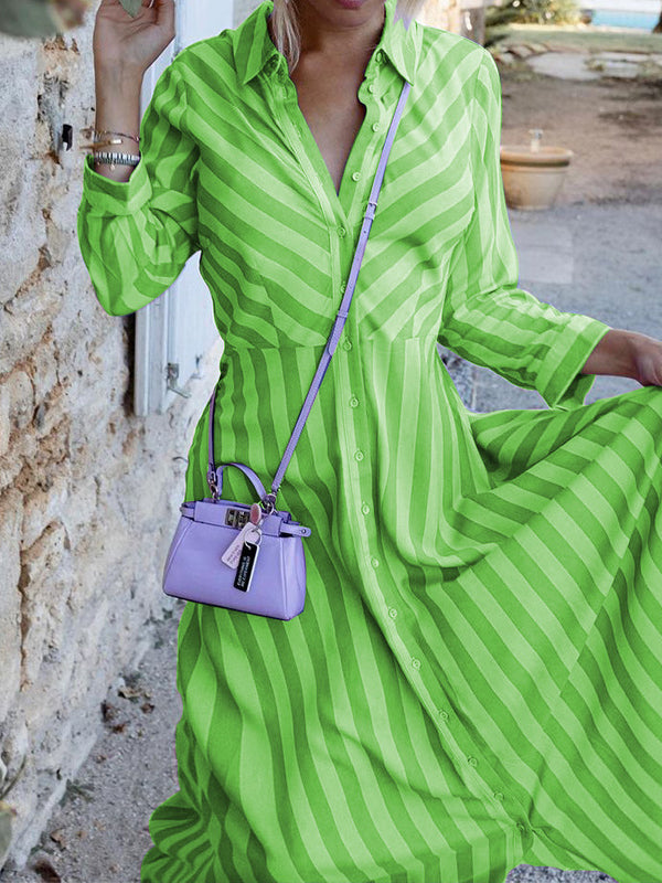 Stylish Long Sleeves Striped Lapel Collar Maxi Dresses by migunica