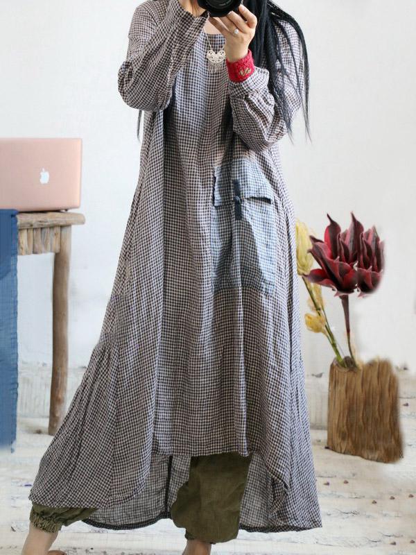 Loose Vintage Linen Plaid Round-neck Long Dress by migunica