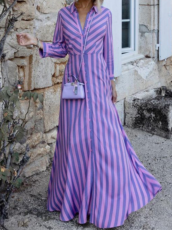 Stylish Long Sleeves Striped Lapel Collar Maxi Dresses by migunica