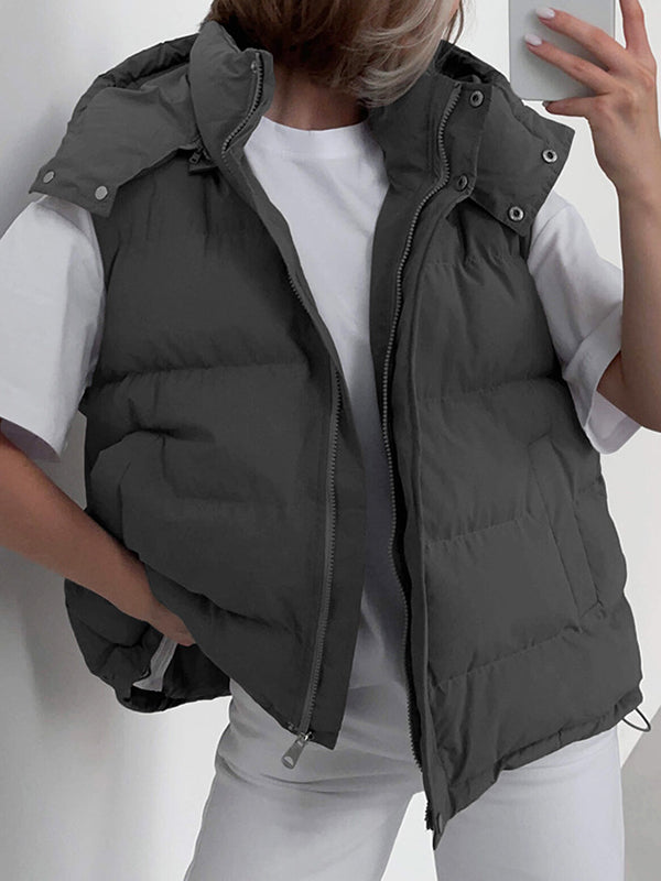 Loose Sleeveless Drawstring Split-Joint Zipper Hooded Padded Vest by migunica