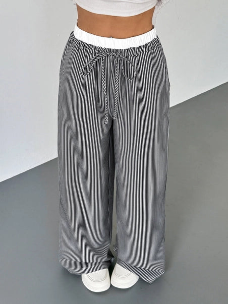 Striped Lace Trim Drawstring Wide Leg Pants