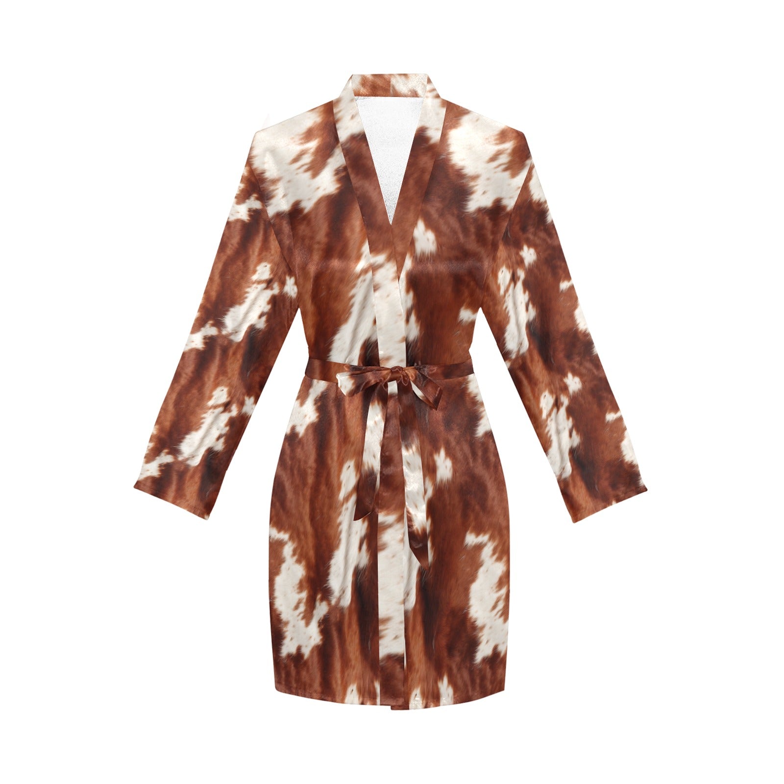 Brown Cow Print Women's Long Sleeve Belted Satin Feel Dressing Lounge Robe by Baha Ranch Western Wear