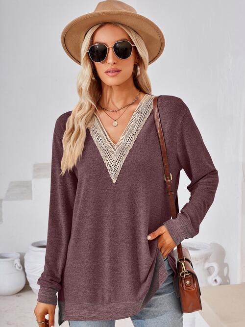 Crochet Contrast V-Neck Long Sleeve Slit T-Shirt by VYSN