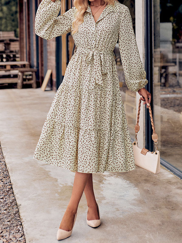 A-Line Long Sleeves Buttoned Flower Print Pleated Split-Joint Tied Waist Lapel Midi Dresses by migunica