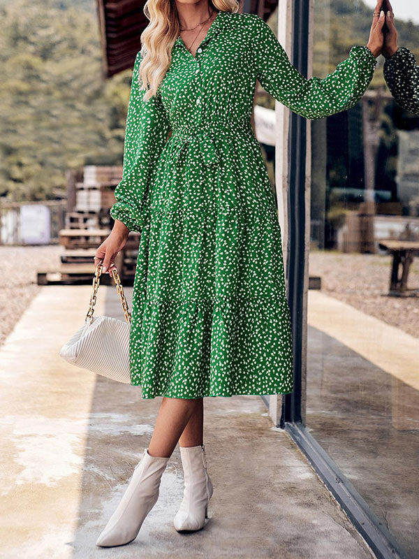 A-Line Long Sleeves Buttoned Flower Print Pleated Split-Joint Tied Waist Lapel Midi Dresses by migunica