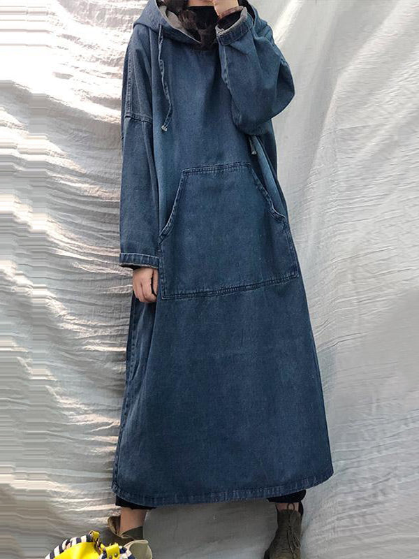 Vintage Loose Denim Drawstring Hooded Midi Dress by migunica