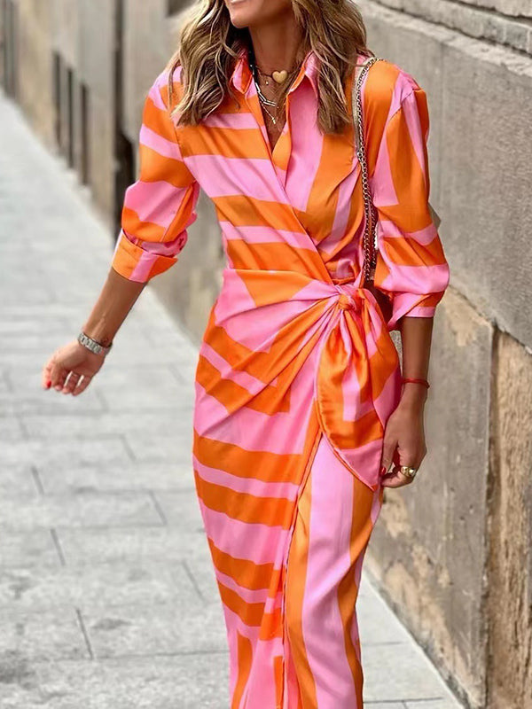 High Waisted Long Sleeves Asymmetric Knot Printed Striped Lapel Maxi Dresses by migunica