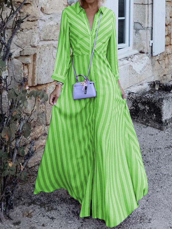 Stylish Long Sleeves Striped Lapel Collar Maxi Dresses by migunica