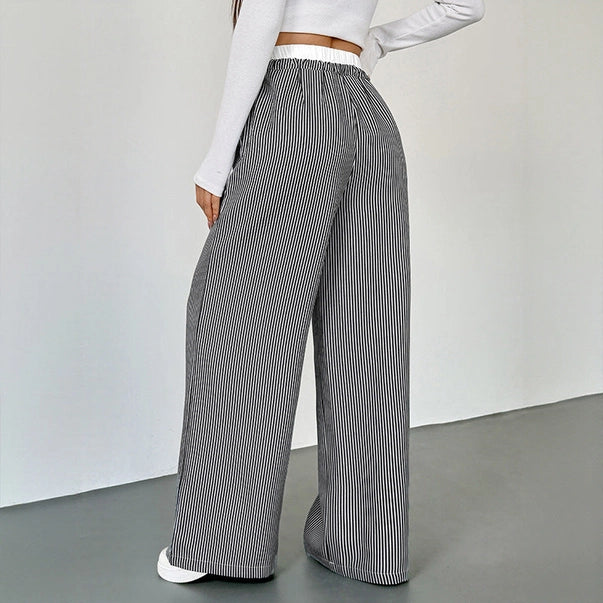 Striped Lace Trim Drawstring Wide Leg Pants