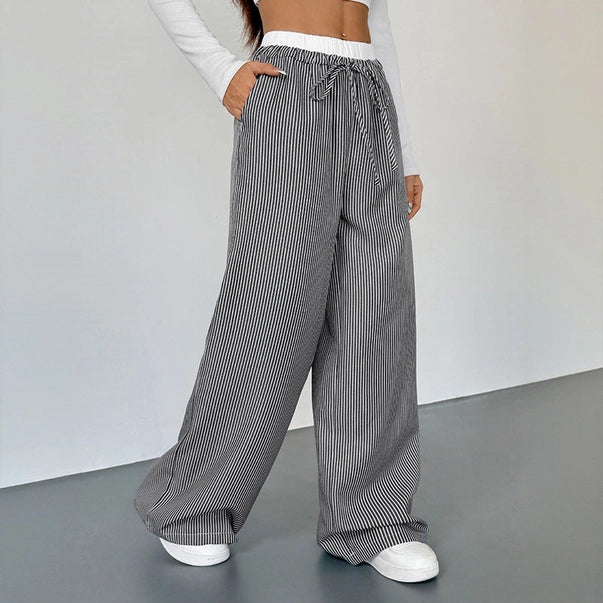 Striped Lace Trim Drawstring Wide Leg Pants
