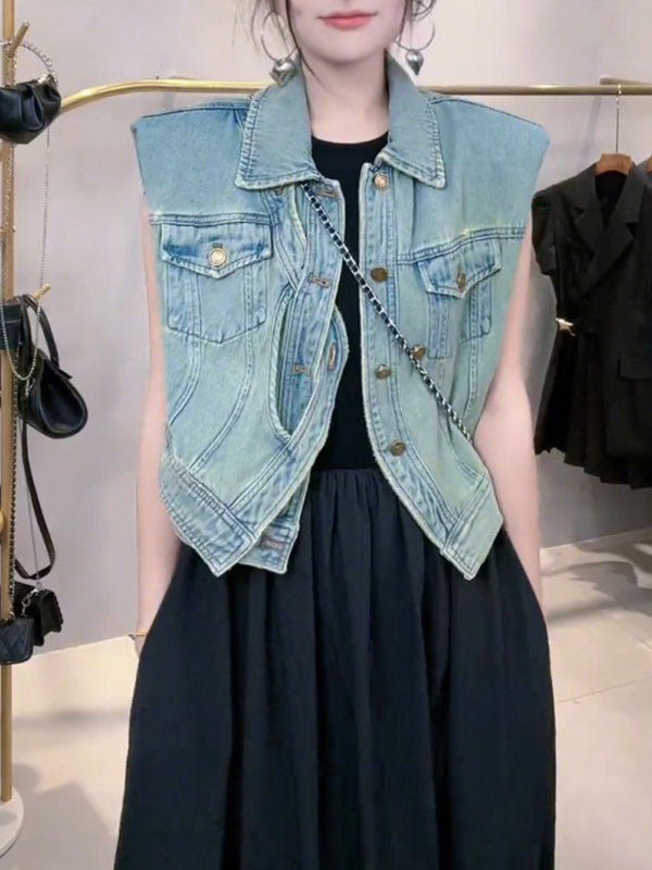 Loose Sleeveless Asymmetric Buttoned Pockets Split-Joint Lapel Collar Vest Outerwear by migunica