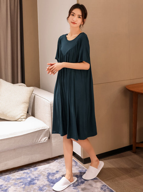 Loose Solid Color Pleated Modal Pajamas Dress by migunica