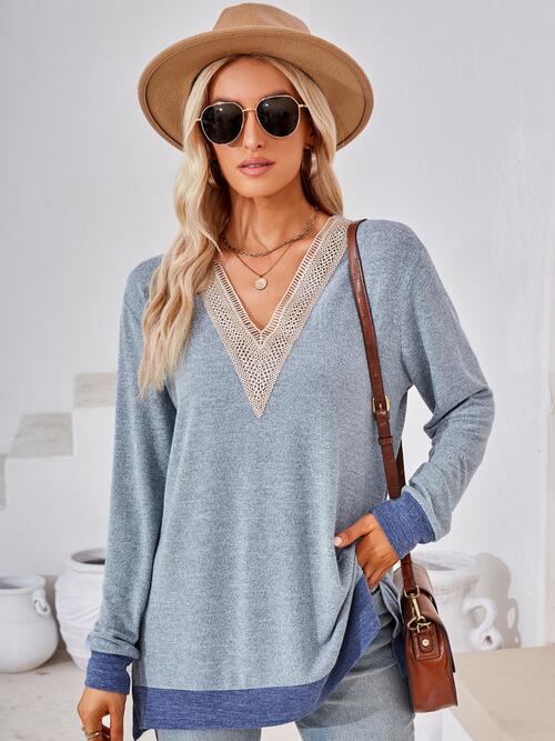 Crochet Contrast V-Neck Long Sleeve Slit T-Shirt by VYSN