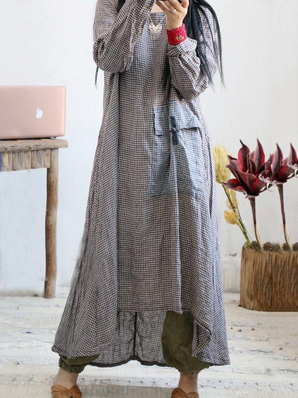 Loose Vintage Linen Plaid Round-neck Long Dress by migunica