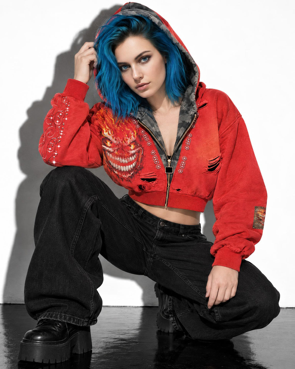 Riot Acid-Wash Studded Crop Hoodie - Deluxxie