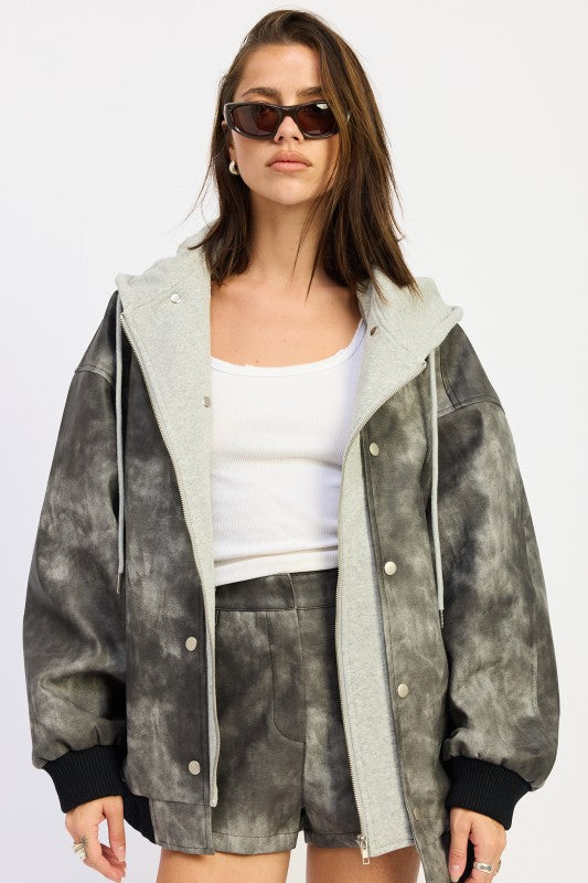 Leather Mix Media Bomber Jacket - front view