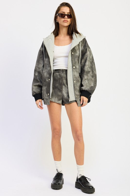 Leather Mix Media Bomber Jacket - model wearing full length