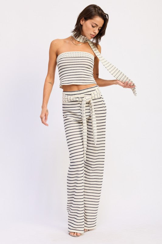 Low Rise Striped Knit Pants - front view showing cream and black horizontal stripe pattern