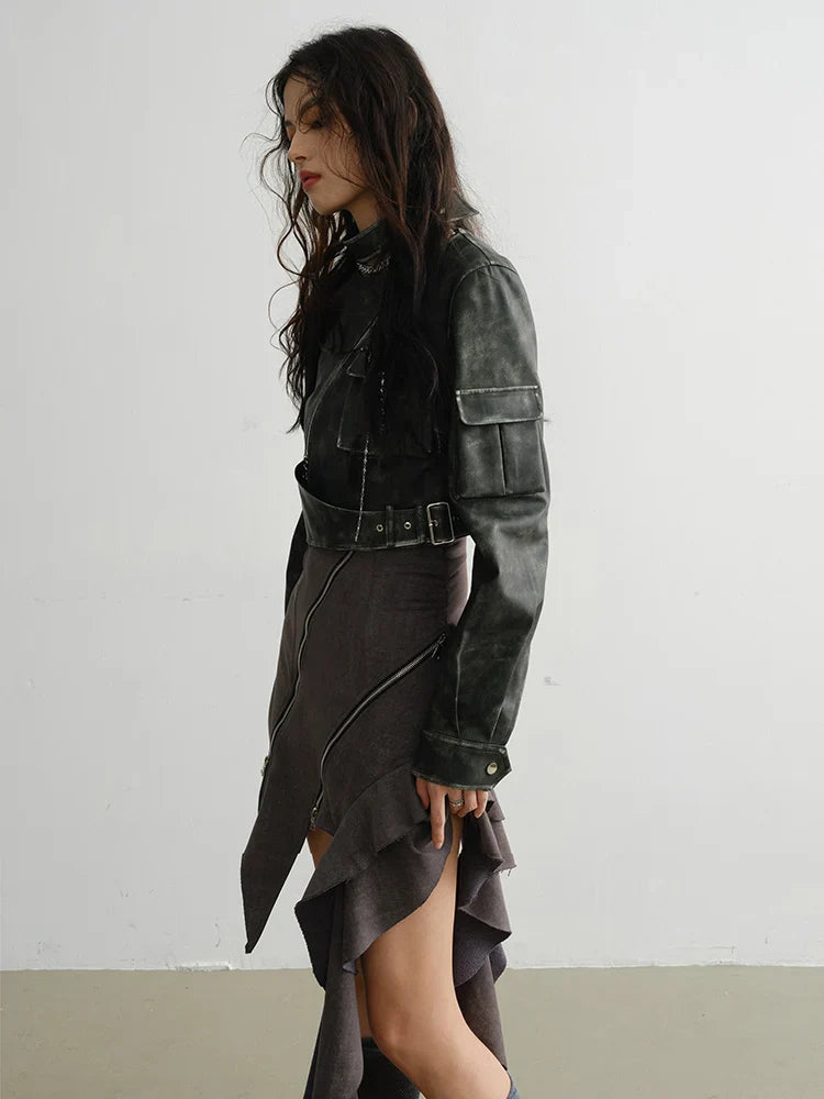 Cateey Vegan Leather Cropped Motorcycle Jacket by Marigold Shadows