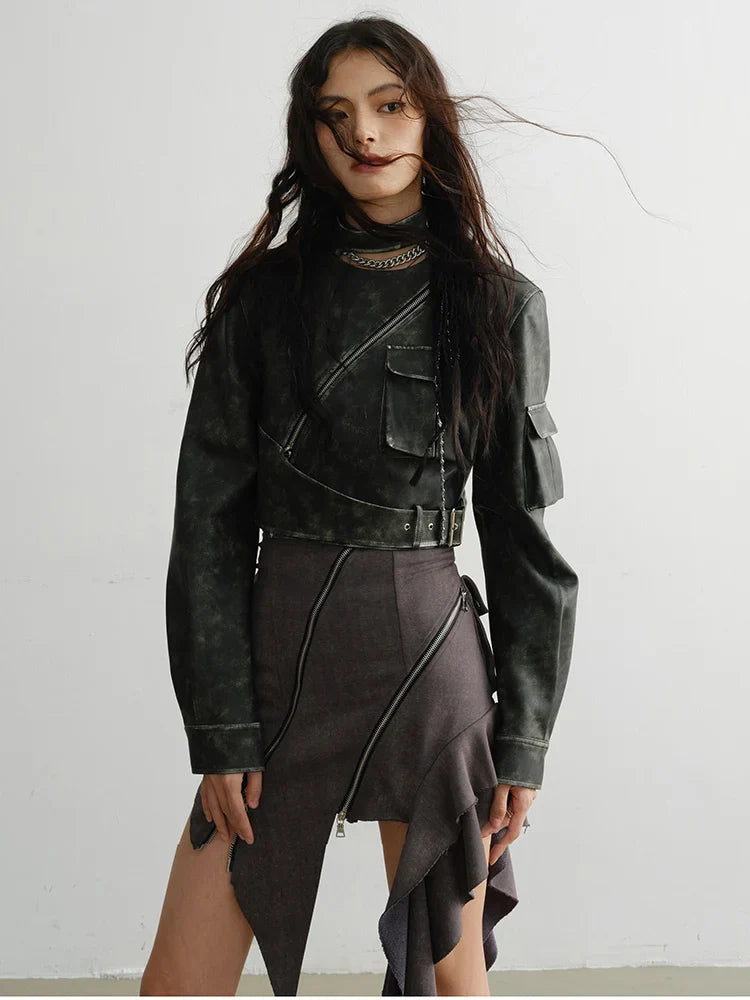 Cateey Vegan Leather Cropped Motorcycle Jacket by Marigold Shadows