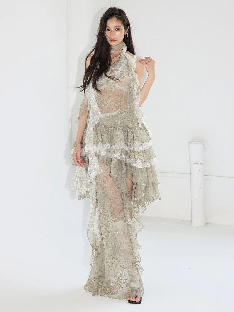 Marigold Shadows Skirts **Miecy Sheer Lace Maxi Skirt