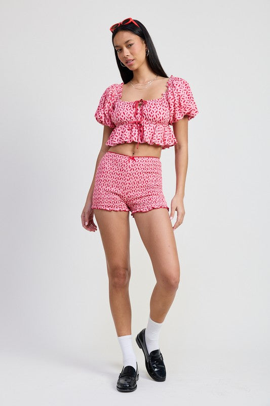 Mini Ruffle Printed Shorts - model wearing full length