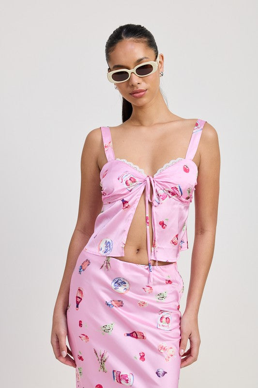Printed Satin Fly Away Top with Lace Trim - front view