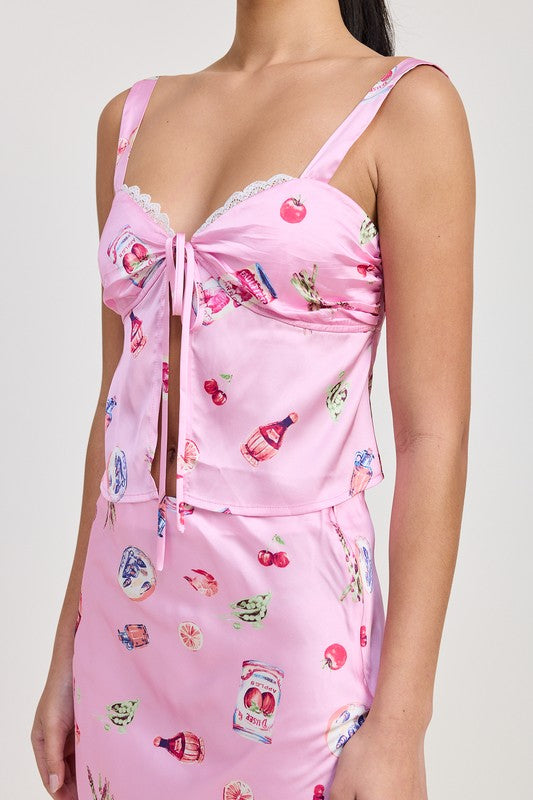 Printed Satin Fly Away Top with Lace Trim - back view