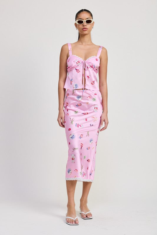 Printed Satin Fly Away Top with Lace Trim - side profile view