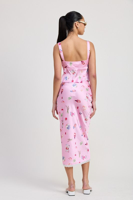 Printed Satin Fly Away Top with Lace Trim - styled outfit view