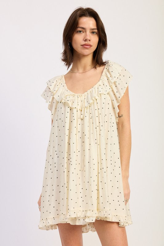 Ruffled Tie Front Babydoll Romper - front view showing cream polka dot print and ruffled sleeves