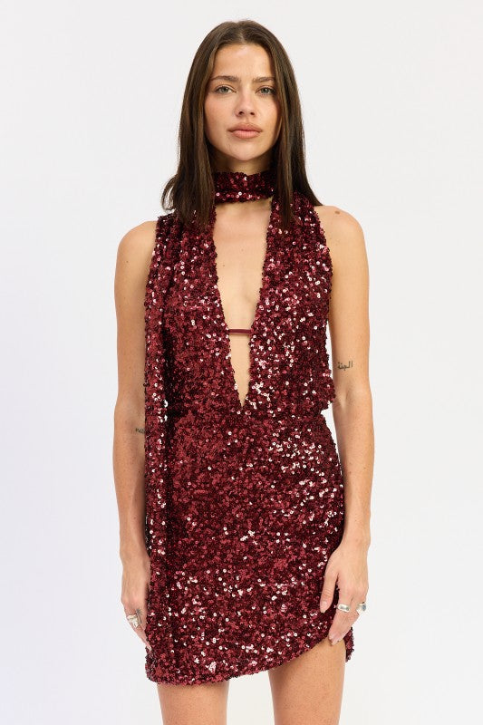 Sequin Halter Scarf Mini Dress - front view showing deep burgundy wine red sequins and plunge V-neckline