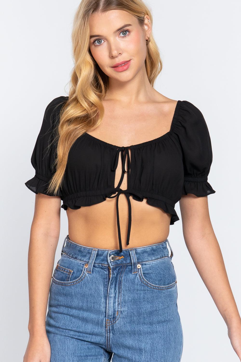 Short Slv Print Crop Woven Top by VYSN